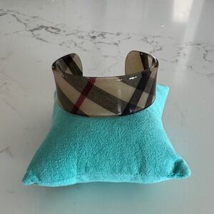 Burberry Beige Plaid Resin Cuff Bracelet with Black and Red Accents